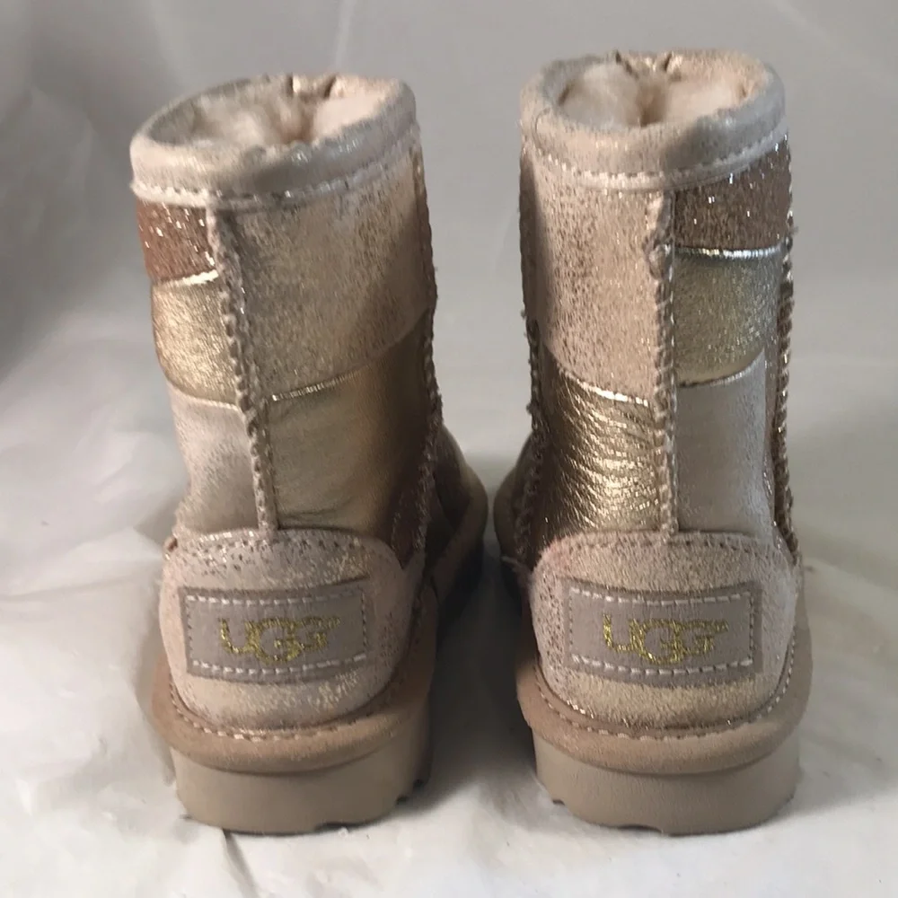 UGG Classic Short 2 Gold Patchwork Glitter Leather Shearling Lined Whimsy Boots